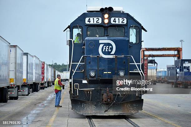 Florida East Coast Railway locomotive prepares to "build" a container train in the railway's Bowden Yard in Jacksonville, Florida, U.S., on Monday...