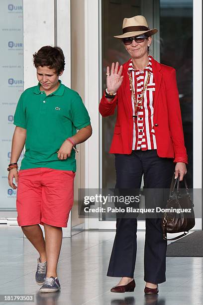 Princess Elena of Spain and her son Felipe Juan Froilan leave Quiron University hospital, where Spain's King Juan Carlos is recovering from an...