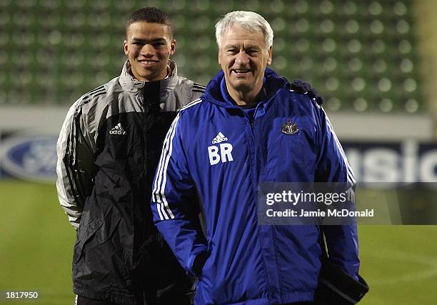 Newcastle United manager Sir Bobby Robson and Jermaine Jenas of Newcastle United pose for the cameras during Newcastle United's Champions League...