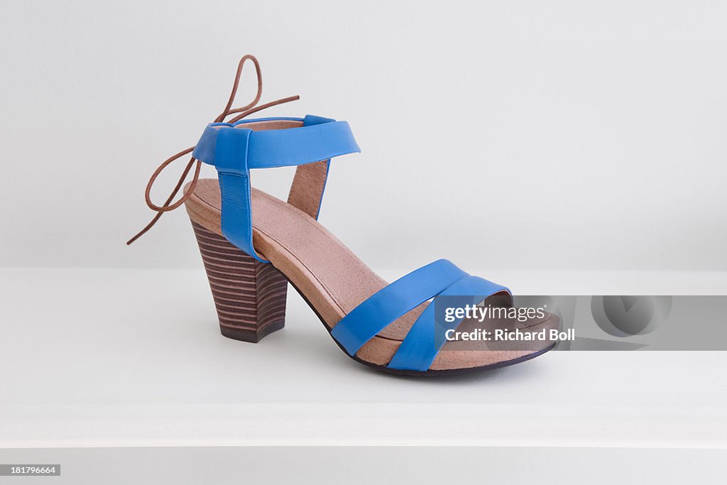 Blue ladies shoe on a white shelf