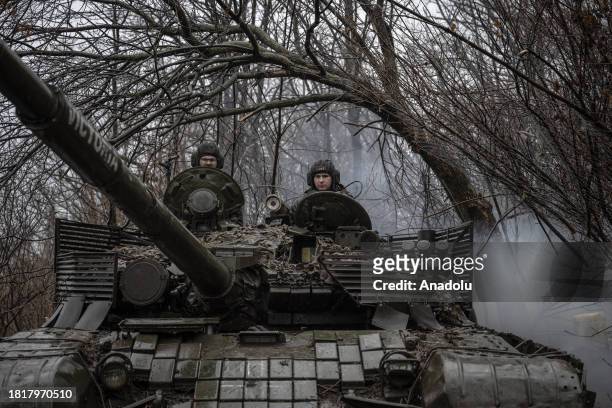 Ukrainian soldiers are seen in a tank as Russia and Ukraine war continues in the direction of Avdiivka of Donetsk Oblast, Ukraine on December 01,...
