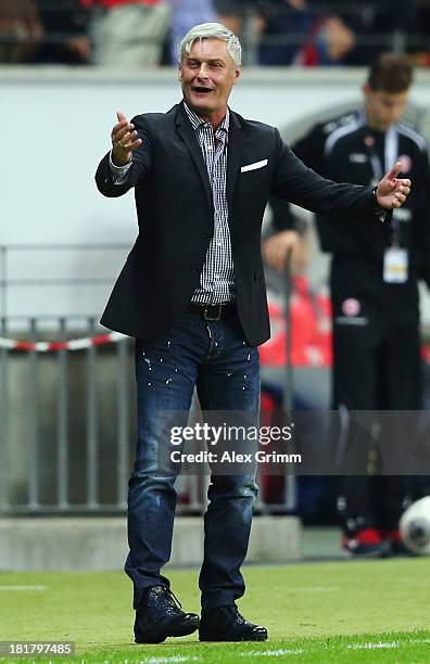 Head coach Armin Veh of Frankfurt reacts during the DFB Cup second round match between Eintracht Frankfurt and VfL Bochum at Commerzbank-Arena on...