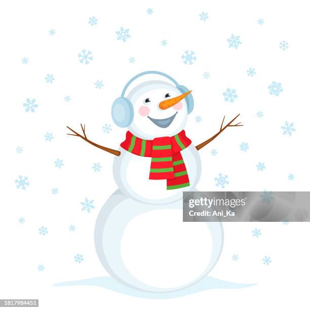 schneemann mit kopfhörern - schneemann stock-grafiken, -clipart, -cartoons und -symbole