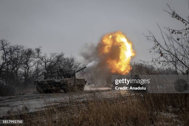 Ukrainian soldiers fire targets as Russia and Ukraine war continues in the direction of Avdiivka of Donetsk Oblast, Ukraine on December 01, 2023. As...