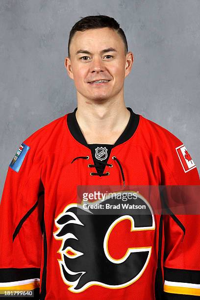 Jiri Hudler of the Calgary Flames poses for his official headshot for the 2013-2014 season on September 12, 2013 at the WinSport Winter Sport...