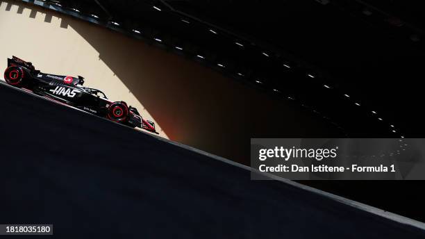 Oliver Bearman of Great Britain driving the Haas F1 VF-23 Ferrari on track during Formula 1 testing at Yas Marina Circuit on November 28, 2023 in Abu...