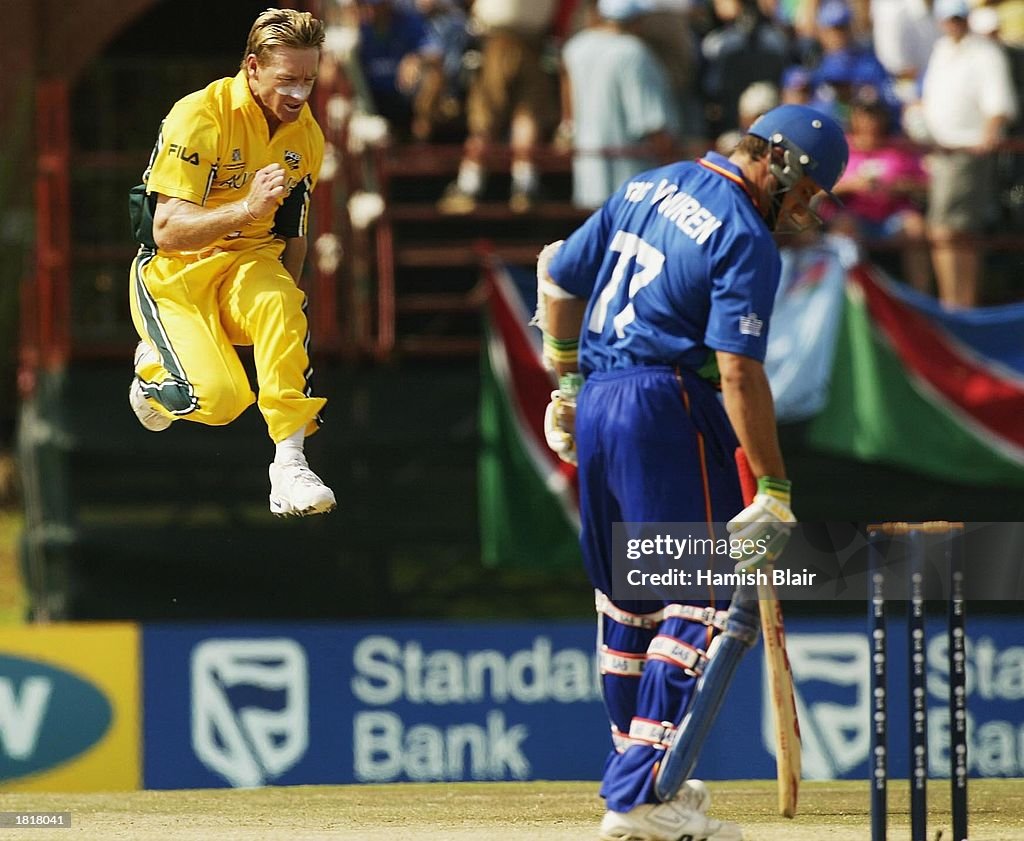 Andy Bichel of Australia celebrates