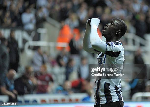 Papiss Cisse of Newcastle celebrates his goal during the Capital One Cup match between Newcastle United and Leeds United at St. James Park on...