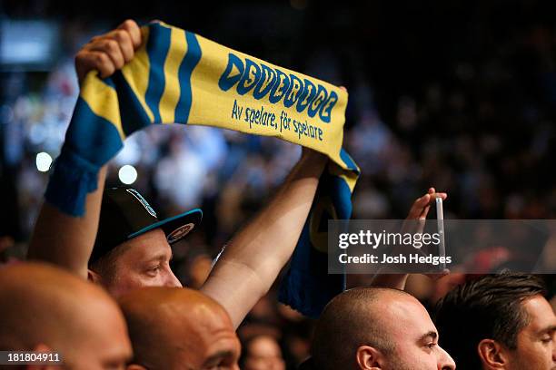 Swedish fans cheer on Alexander 'The Mauler' Gustafsson before his fight against Jon 'Bones' Jones in their UFC light heavyweight championship bout...