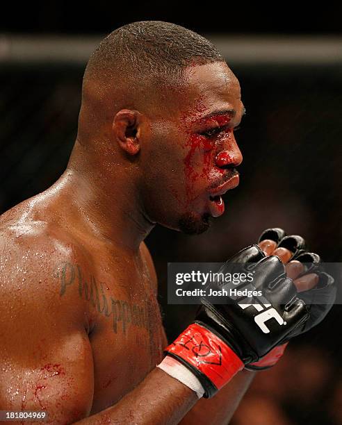 Jon 'Bones' Jones looks to strike Alexander 'The Mauler' Gustafsson in their UFC light heavyweight championship bout at the Air Canada Center on...