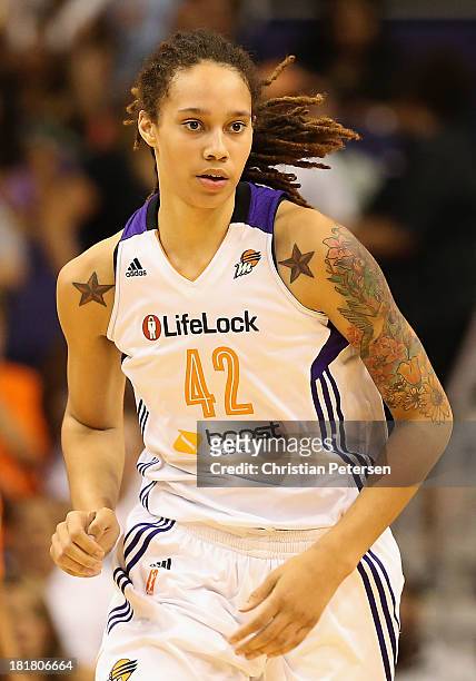 Brittney Griner of the Phoenix Mercury during Game Two of the WNBA semifinal playoffs against the Los Angeles Sparks at US Airways Center on...