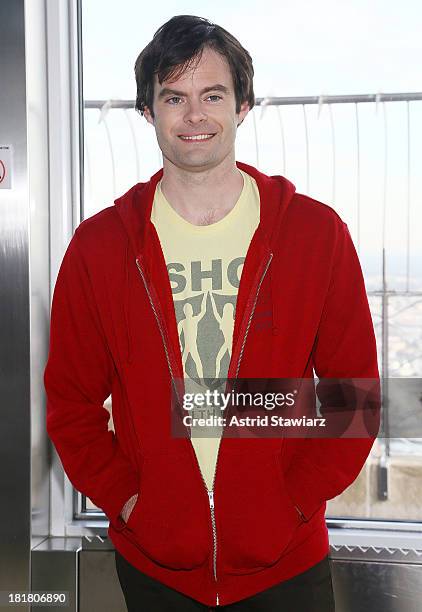 Actor Bill Hader visits The Empire State Building in celebration Of "Cloudy With A Chance Of Meatballs 2" release on September 25, 2013 in New York...