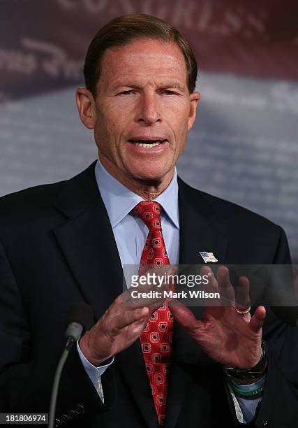Sen. Richard Blumenthal speaks during a news conference on Capitol Hill September 25, 2013 in Washington, DC. A bipartisan group of Senators...