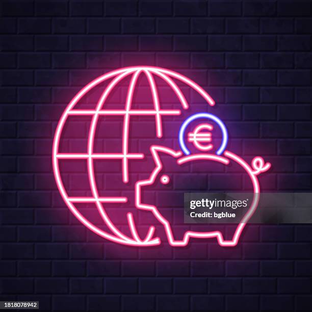 global euro savings. glowing neon icon on brick wall background - wall e stock illustrations