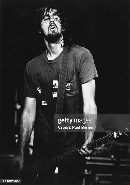 Bassist Krist Novoselic performing with American rock group Nirvana, Frankfurt, Germany, 12th November 1991.