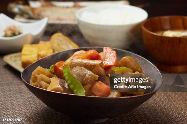 japanese style chikuzen ni chicken stew - chikuzenni stockfoto's en -beelden