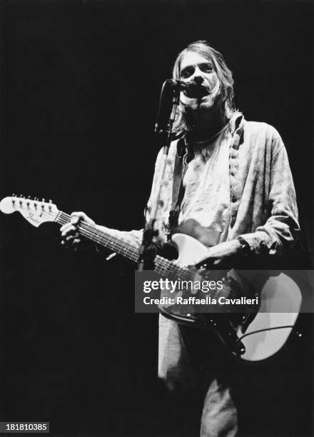 Singer-songwriter and guitarist Kurt Cobain performing with American grunge band Nirvana at Palasport, Modena, Italy, 21st February 1994.