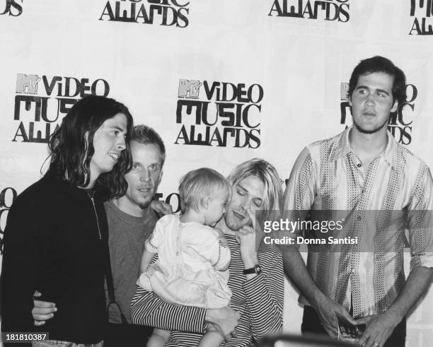 American rock group Nirvana at the MTV Video Awards, at the at the Gibson Amphitheatre, Los Angeles, 2nd September 1993. Left to right: drummer Dave...