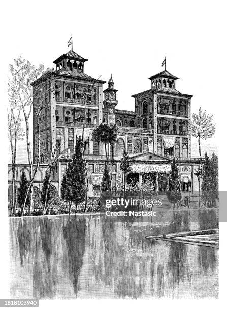 stockillustraties, clipart, cartoons en iconen met the shah's pleasure house in the castle of tehran - teheran