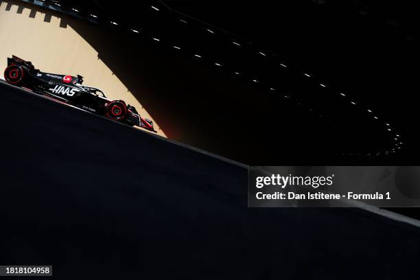 Oliver Bearman of Great Britain driving the Haas F1 VF-23 Ferrari during Formula 1 testing at Yas Marina Circuit on November 28, 2023 in Abu Dhabi,...