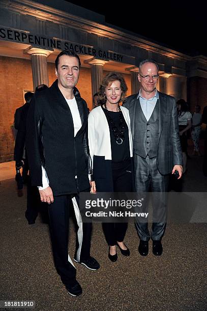Patrik Schumacher, Julia Peyton-Jones and Hans-Ulrich Obrist attends the VIP opening of The Serpentine Sackler Gallery & Autumn Exhibitions at The...