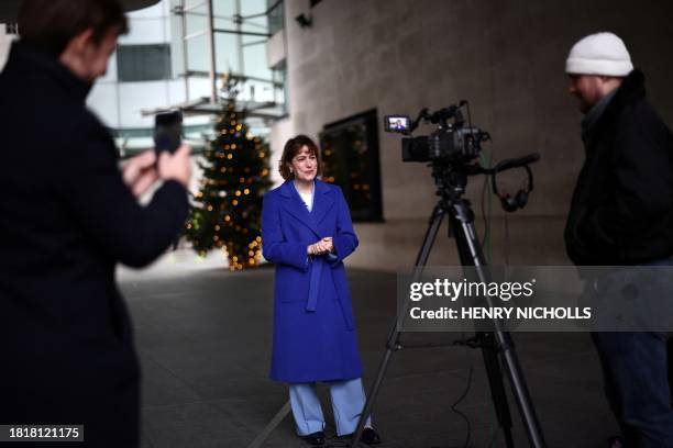 Britain's Health Secretary Victoria Atkins speaks to members of the media after appearing on the BBC's 'Sunday' political television show at the BBC...