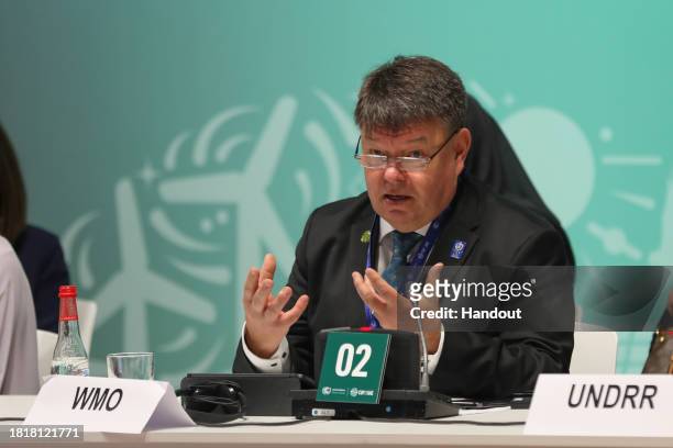 In this handout image suppled by COP28, Petteri Taalas, Secretary-general of the World Meteorological Organization, attends the event 'Delivering...