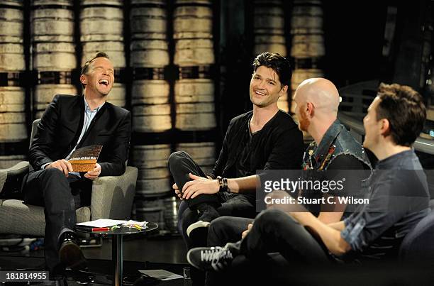 Host Dermot Whelan with guests Danny O'Donoghue, Mark Sheehan and Glen Power from The Script on the From The Storehouse With Dermot Whelan show,...