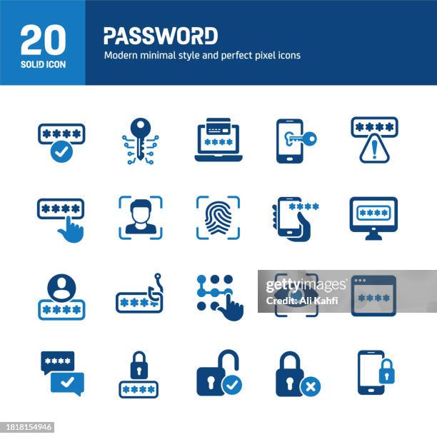 password solid icons. containing security, pin, fingerprint, facelock solid icons collection. vector illustration. for website design, logo, app, template, ui, etc. - face recognition stock illustrations