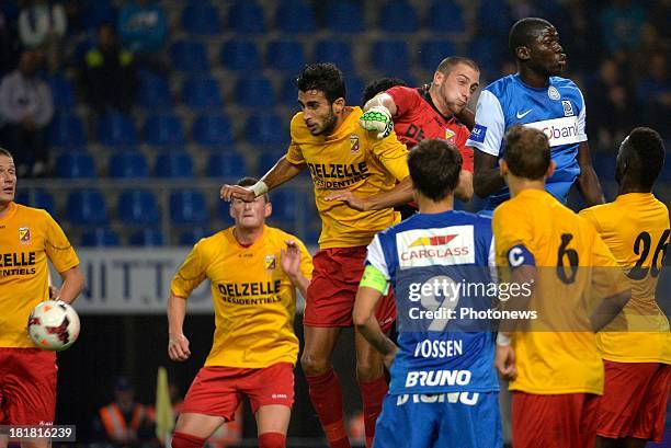 Sofian Kheyari of AFC Tubize - Miguel Santos Pravos goalkeeper of AFC Tubize - Kalidou Koulibaly of Krc Genk in action during the Cofidis Cup match...