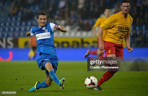 Siebe Schrijvers of Krc Genk - Quentin Laurent of AFC Tubize in action during the Cofidis Cup match between KRC Genk and AFC Tubize on September 25,...