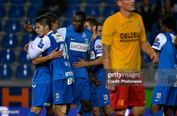 Jelle Vossen of Krc Genk - Sandy Walsh of Krc Genk - Kim Ojo of Krc Genk celebrate during the Cofidis Cup match between KRC Genk and AFC Tubize on...