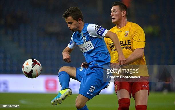 Siebe Schrijvers of Krc Genk - Quentin Laurent of AFC Tubize in action during the Cofidis Cup match between KRC Genk and AFC Tubize on September 25,...