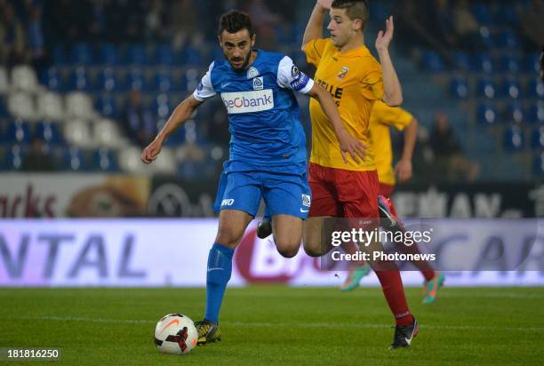 Fabien Camus of Krc Genk - Schean Garlito Y Romo of AFC Tubize in action during the Cofidis Cup match between KRC Genk and AFC Tubize on September...