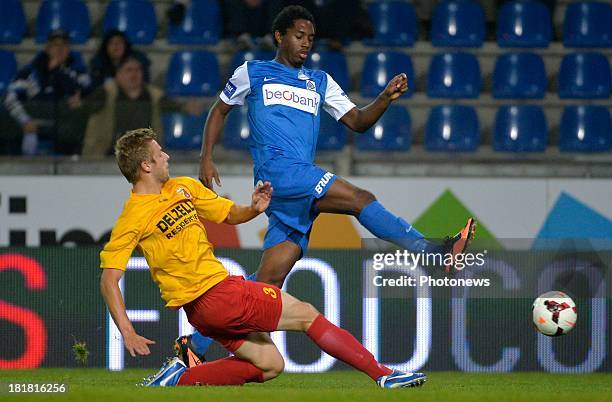 Pierre Gevaert of AFC Tubize - Steven Joseph Monrose of Krc Genk in action during the Cofidis Cup match between KRC Genk and AFC Tubize on September...