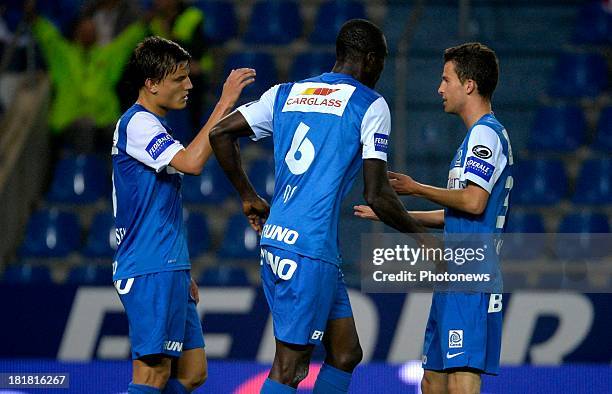 Kim Ojo of Krc Genk - Jelle Vossen of Krc Genk - Sandy Walsh of Krc Genk in action during the Cofidis Cup match between KRC Genk and AFC Tubize on...