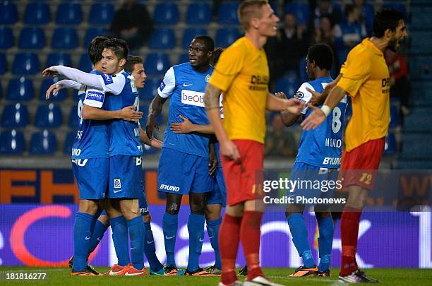 Sandy Walsh of Krc Genk - Kim Ojo of Krc Genk - Jelle Vossen of Krc Genk in action during the Cofidis Cup match between KRC Genk and AFC Tubize on...