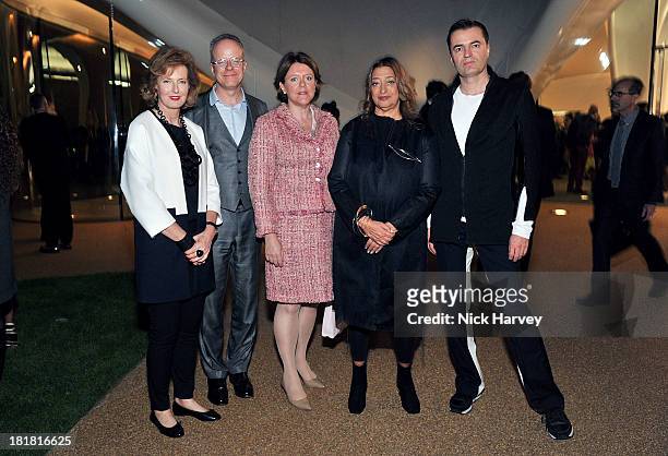 Julia Peyton-Jones, Hans-Ulrich Obrist, Maria Miller, Zaha Hadid and Patrik Schumacher attends the VIP opening of The Serpentine Sackler Gallery &...