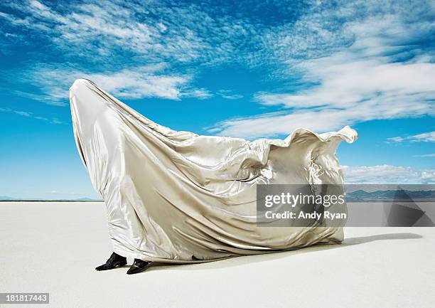 man covered in fabric being blown by wind. - tarpaulin fotografías e imágenes de stock