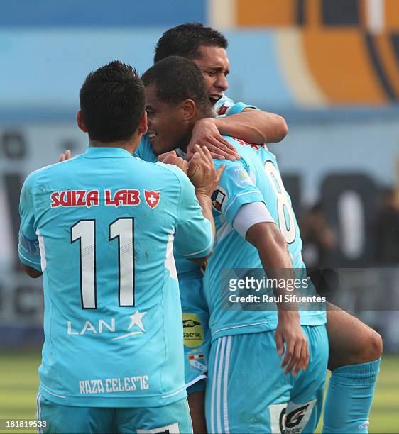 Jesus Alvarez of Sporting Cristal celebrates a scored goal against Alianza Lima during a match between Sporting Cristal and Alianza Lima as part of...