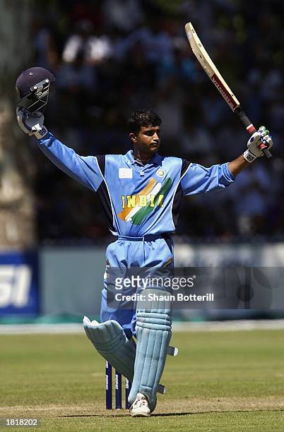 Sourav Ganguly of India celebrates his century during the ICC Cricket World Cup 2003 Pool A match between India and Namibia held on February 23, 2003...