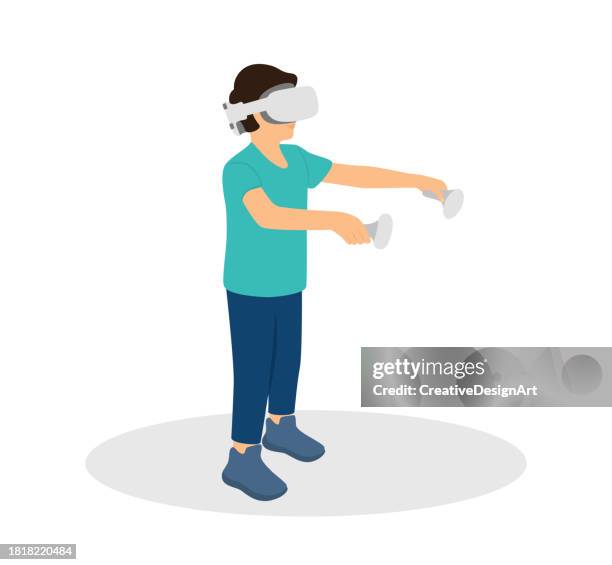 kleiner junge trägt vr-brille und spielt videospiele in der virtuellen realität - 360 video stock-grafiken, -clipart, -cartoons und -symbole