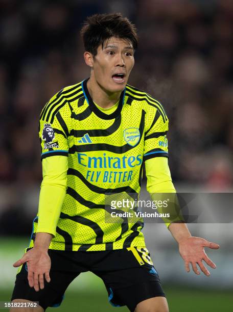 Takehiro Tomiyasu of Arsenal during the Premier League match between Brentford FC and Arsenal FC at Gtech Community Stadium on November 25, 2023 in...