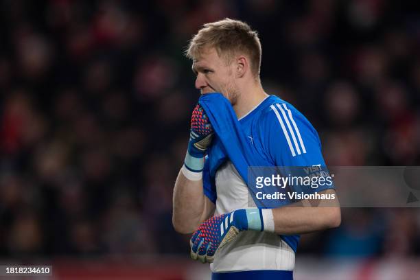 Aaron Ramsdale of Arsenal during the Premier League match between Brentford FC and Arsenal FC at Gtech Community Stadium on November 25, 2023 in...