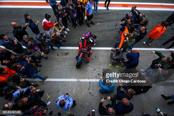 Marc Marquez of Spain and Gresini Racing MotoGP leaves the pits for the first time for his new team during MotoGP Test in Valencia at Ricardo Tormo...