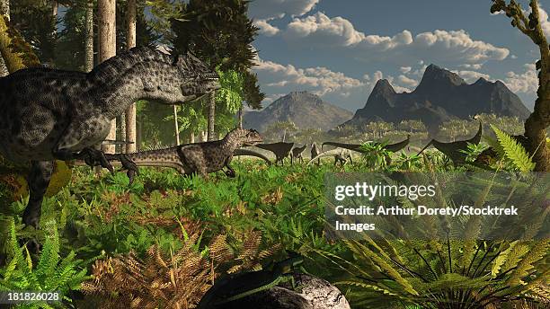 ilustraciones, imágenes clip art, dibujos animados e iconos de stock de allosaurus and diplodocus dinosaurs roam western north america in the late jurassic. - allosaurus