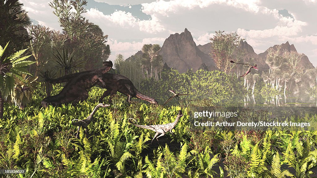 The late Triassic period circa 215 million years ago, featuring the large prosauropod Plateosaurus and the early dinosaur predator Ceolophysis