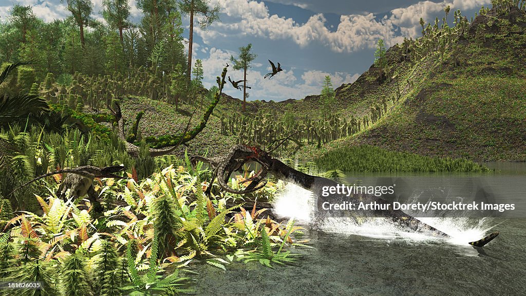 The late Triassic period circa 215 million years ago, featuring the 13 foot, semi oceanic Nothosaurus catching an unaware Ceolophysis.