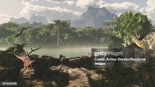 late jurassic east africa with a host of different animals and plants. visible dinosaurs are kentrosaurus, dicraeosaurus, and rhamphorhynchus. plant species are paran pines, cycads, arucanthis, etc.  - cycad stock-grafiken, -clipart, -cartoons und -symbole