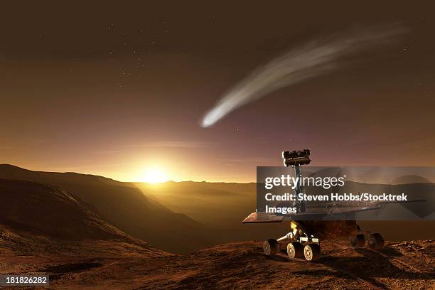 the comet of 2014 makes a close approach to mars and puts on a spectacular show for the opportunity mars exploration rover. - astrobiology stock illustrations